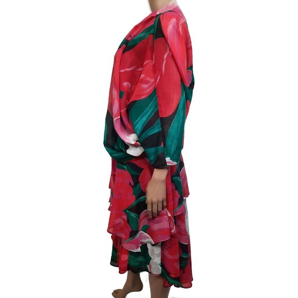 Vintage 80 Sundress Jacket Set size M Large Floral Print Tiered Strapless Midi - Picture 6 of 10